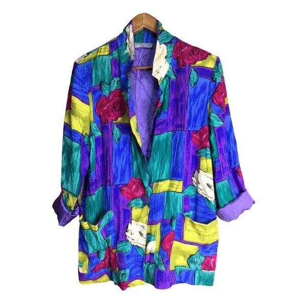 Vintage 80s Womens Blazer Vibrant Colorful Busy Print Shoulder Pads Size Large - Picture 1 of 10